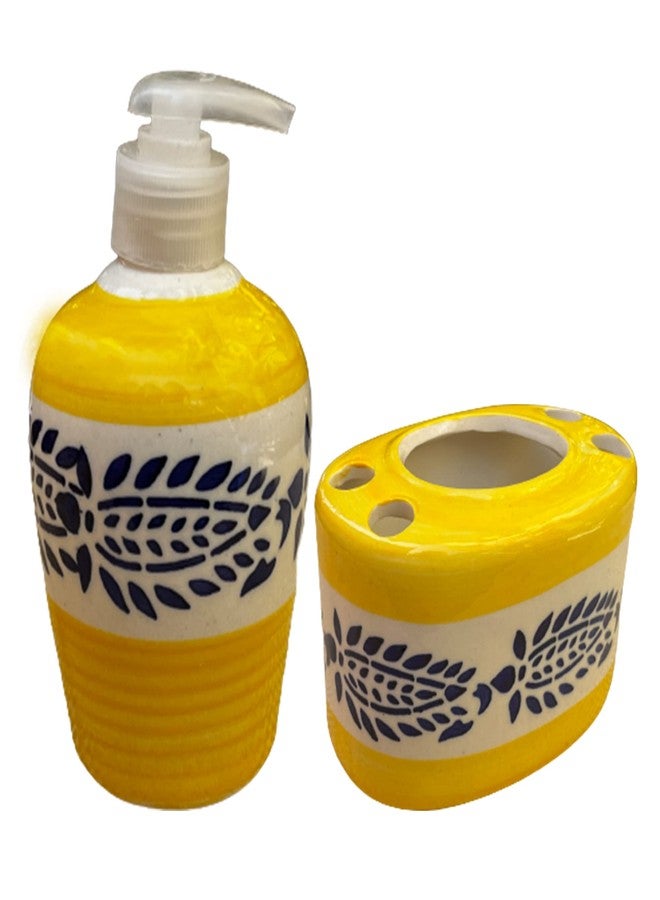 KunhaR Ceramic 2-Piece Bathroom Accessory Set, Yellow (Liquid Soap Dispenser 300 ML and Toothbrush Holder) - Image 1